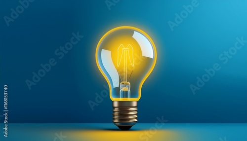 Light bulb on green background with copy space. Glowing light blue symbol of new idea, creativity, innovation, concept, technology, equipment, glowing, inspiration, invention, solution, 
