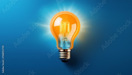 Light bulb on green background with copy space. Glowing light blue symbol of new idea, creativity, innovation, concept, technology, equipment, glowing, inspiration, invention, solution, 