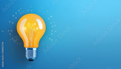 Light bulb on green background with copy space. Glowing light blue symbol of new idea, creativity, innovation, concept, technology, equipment, glowing, inspiration, invention, solution, 