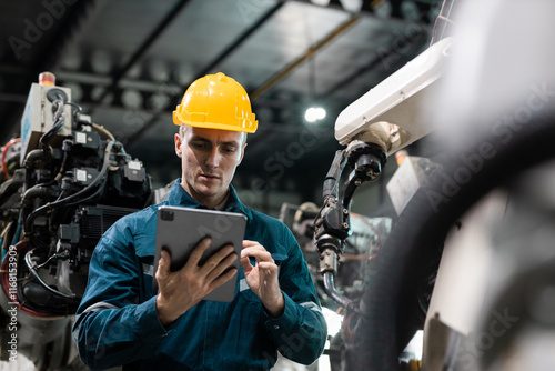 Robotic engineer automatic mechanic checking quality system of automation robot arms machine in factory. Service programming machinery welding robots in production at factory industry.