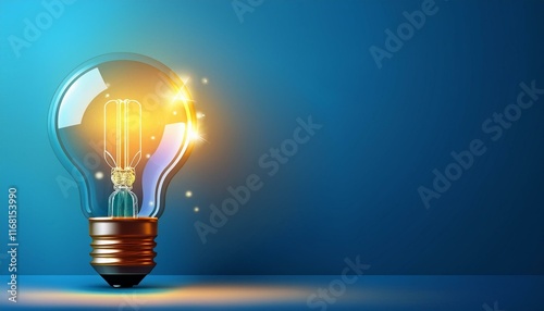Light bulb on Blue background with copy space. Glowing light bulb symbol of new idea, creativity, innovation, concept, technology, equipment, glowing, inspiration, invention, solution,