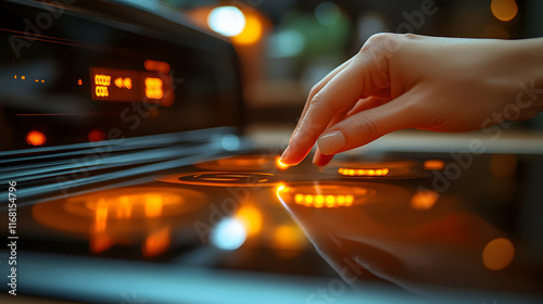 Woman activating modern electric stovetop burner
