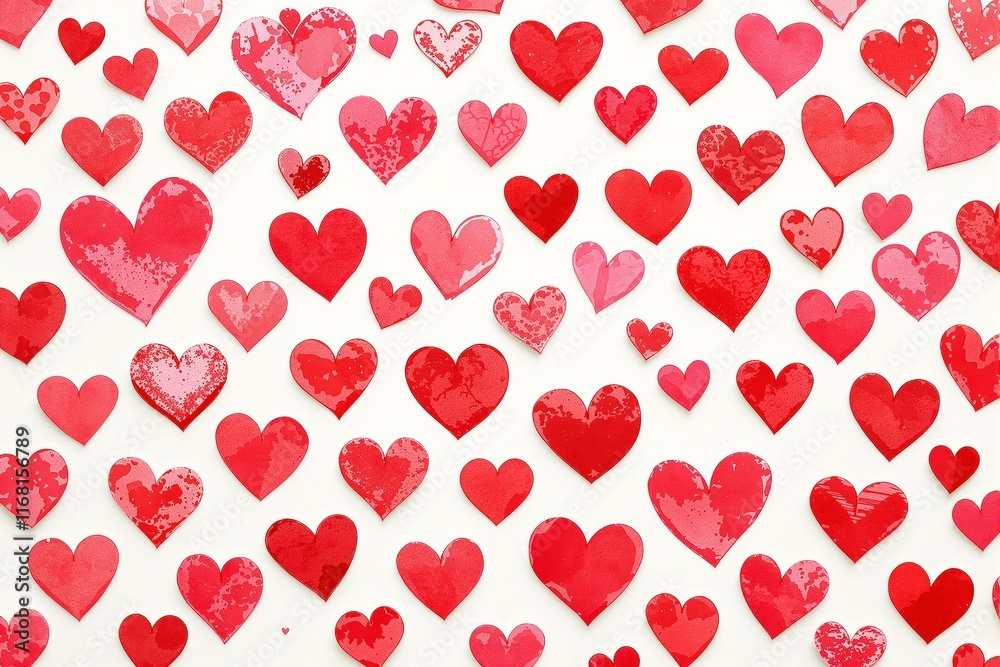 Pattern of red and pink heart designs with various textures on a white background, representing love, romance, and affection. Ai generative Pattern of red and pink heart designs with various textures on a white background, representing love, romance, and affection. Ai generative