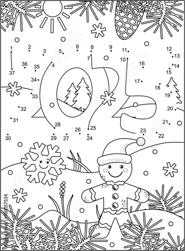 Year 2025 full-page connect the dots hidden picture puzzle and coloring page, poster, or activity sheet 
