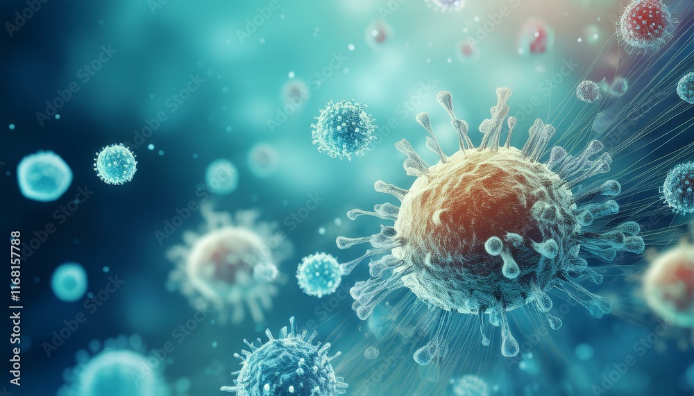 Fototapeta premium Close up banner of floating virus cells, bacteria, microbes