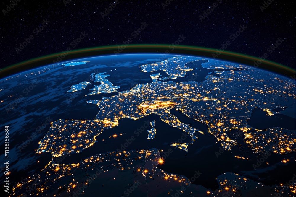 Obraz premium A breathtaking view of Europe from space, showcasing city lights glowing at night, surrounded by a starry sky and atmospheric glow. Concept of urbanization and energy. Ai generative
