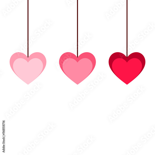 Hanging Heart Decoration Banner, Pink and Red Hearts on Strings for Love Romance, and Celebration Vector Illustration for Valentine's Day Festive or wedding Design and Seasonal