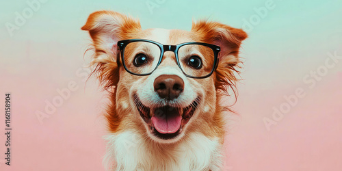Portrait of a surprised dog wearing glasses against a pastel background, generative AI