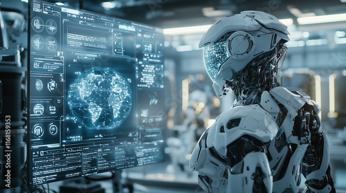 Global Control: A futuristic robot with a sleek, white exosuit analyzes data on a holographic display depicting a glowing digital globe. This captivating image evokes themes of technology. photo