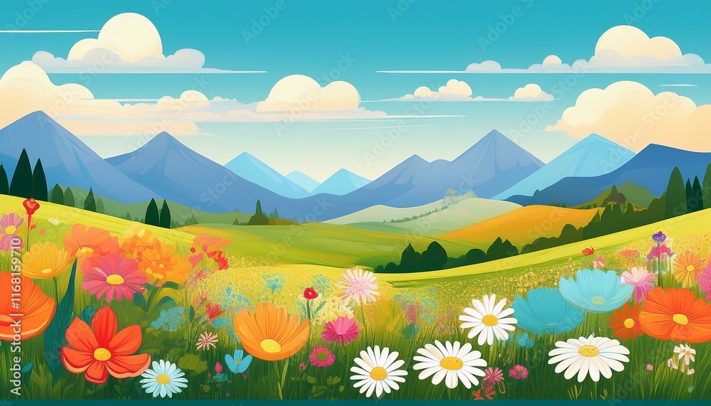 Fototapeta premium Cheerful nature landscape with copy space. Banner with spring, summer flowers field. Landscape with mountains and clouds