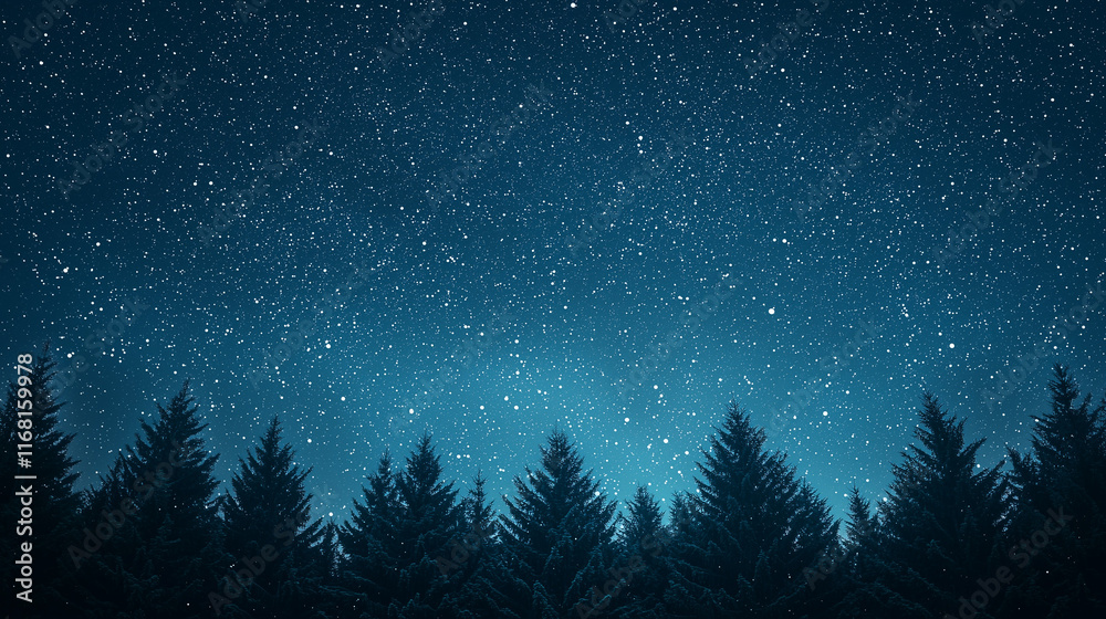 Fototapeta premium Starry Night Forest: A serene nighttime landscape of tall, silhouetted fir trees against a sky teeming with stars, evoking a sense of peace and wonder.