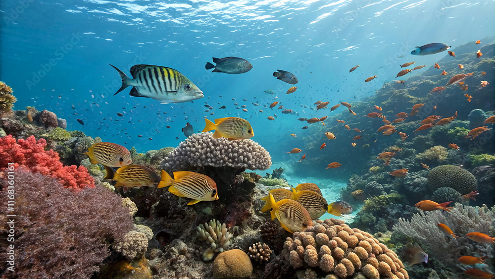 Fototapeta premium A Vibrant Underwater Oasis. Dive into this breathtaking, digitally rendered scene of a thriving coral reef.