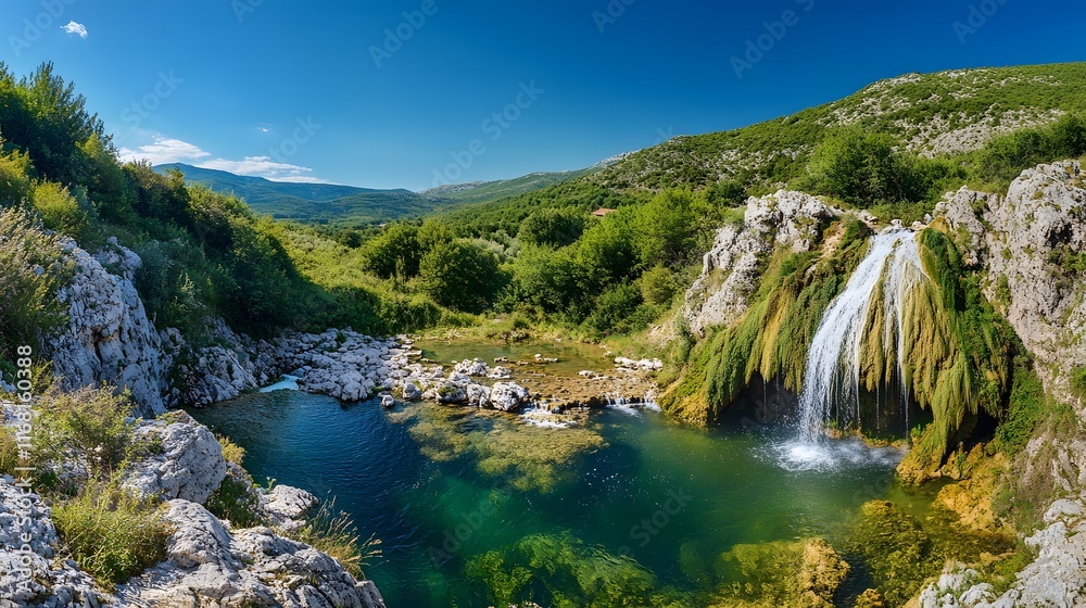 Serene Waterfall Cascading into a Pristine Mountain Pool Serene Waterfall Cascading into a Pristine Mountain Pool
