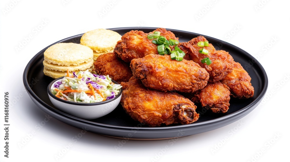 A plate of crispy chicken wings with sides of coleslaw and biscuits. A plate of crispy chicken wings with sides of coleslaw and biscuits.