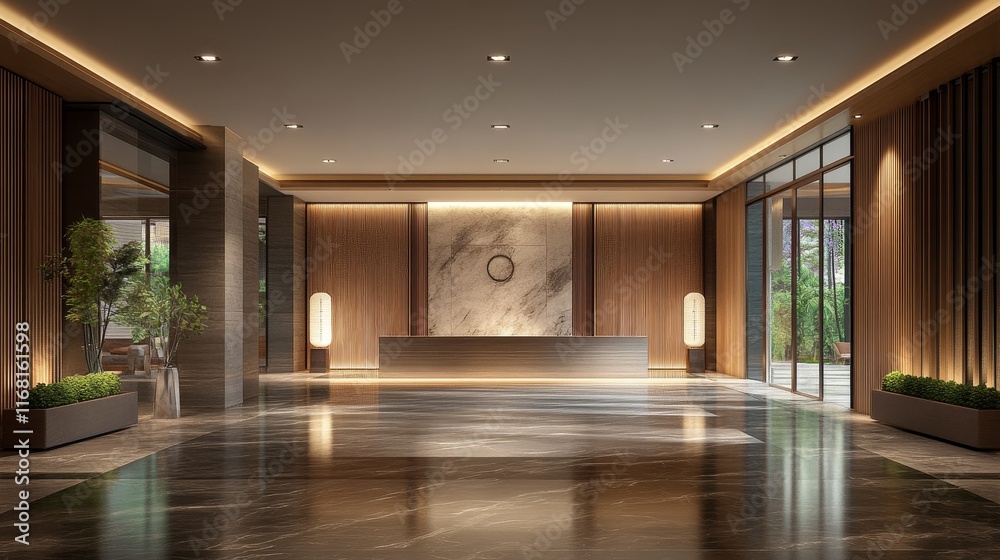 Fototapeta premium Modern hotel lobby with marble reception desk, wood paneling, and sleek lighting.