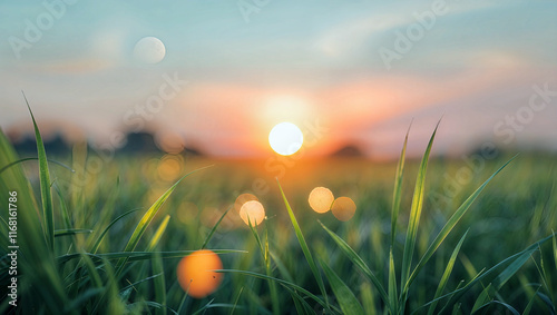 柔らかな光が差し込む緑の草地が広がる静寂な夕暮れの風景.生成AI photo