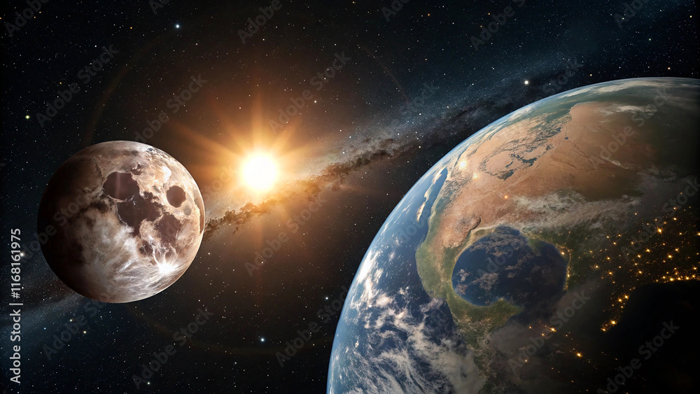 Naklejka premium Luna eclipse in space concept showing the moon, planet Earth and the bright sun, panoramic
