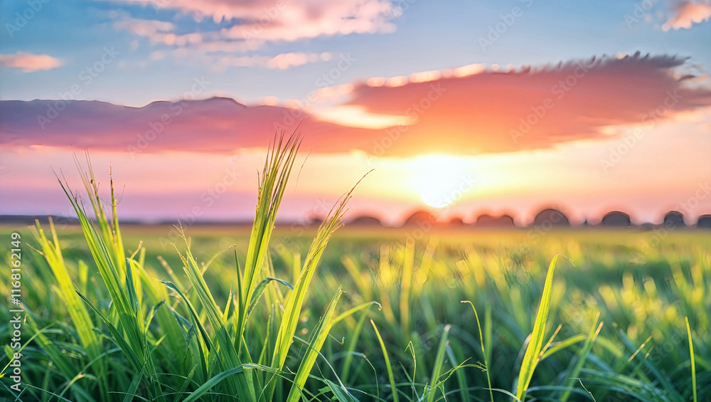 Fototapeta premium 夕日に包まれる新鮮な緑の芝生が自然の美しさを引き立てる風景.生成AI