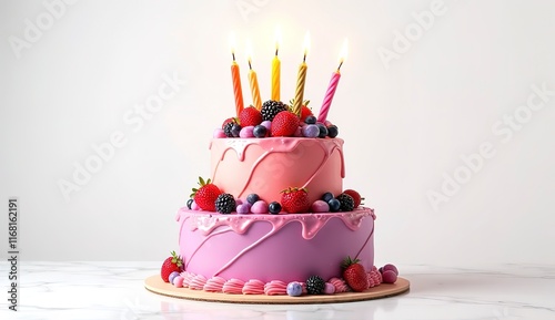 cake covered with berries of raspberry strawberry pomegranate mint leaves doused with chocolate on an isolated white background photo