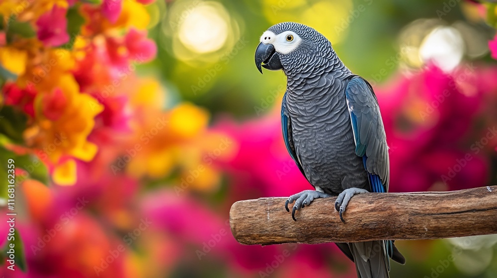 Fototapeta premium Grey parrot perched on a branch amidst vibrant flowers.