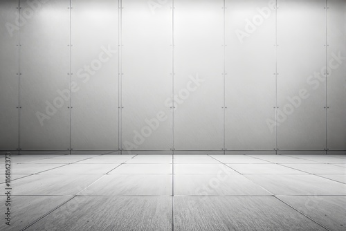 Minimalistic interior with a white tiled floor and metallic wall panels, illuminated by soft light, creating a futuristic and clean environment. Ai generative