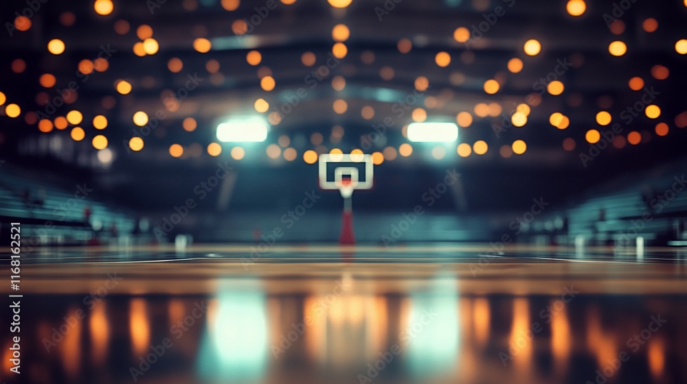 Empty basketball court at night, blurry lights. Empty basketball court at night, blurry lights.