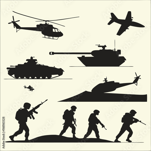 Military army set collection silhouette vector