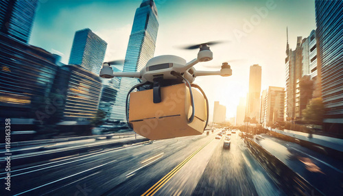 Drone delivery in urban cityscape aerial view modern technology sunset environment photo