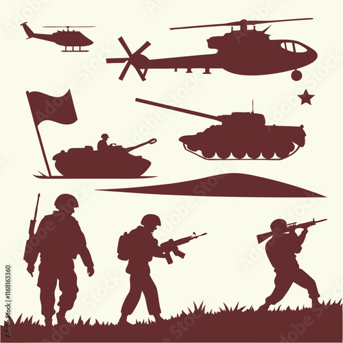 Military army set collection silhouette vector