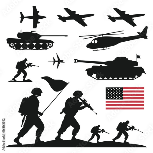 Military army set collection silhouette vector