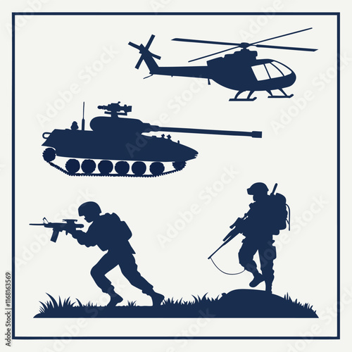 Military army set collection silhouette vector