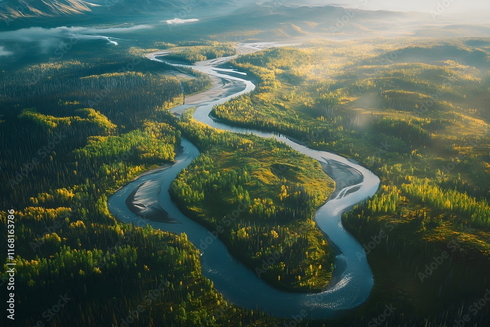 Aerial View of a Winding River Through Lush Forest Aerial View of a Winding River Through Lush Forest