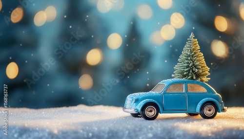 Toy blue car with Christmas tree on snowy meadow on background of christmas trees 