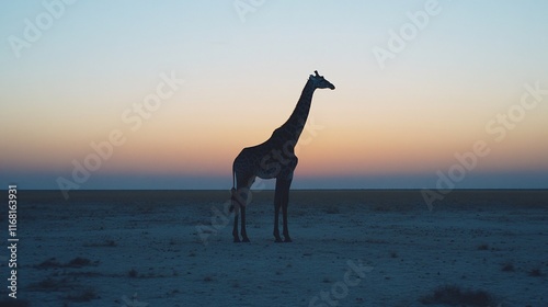 A silhouetted giraffe stands against a colorful sunset in a serene landscape. photo