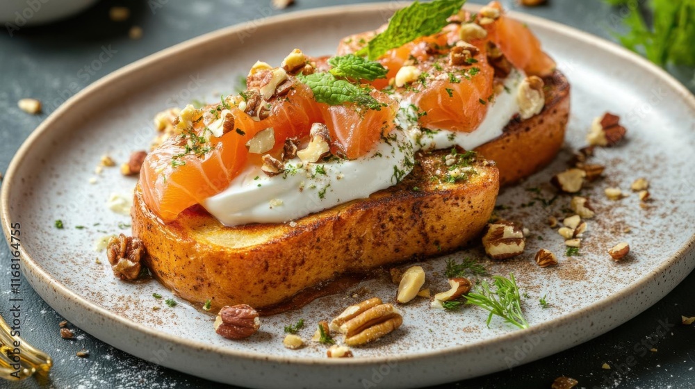 Gourmet toast with smoked salmon, cream cheese, and nuts. Perfect for brunch. Gourmet toast with smoked salmon, cream cheese, and nuts. Perfect for brunch.