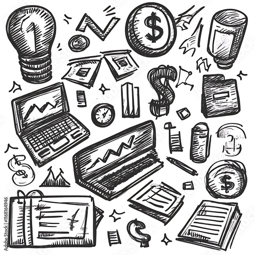 Hand-drawn illustration of a busy office workspace.