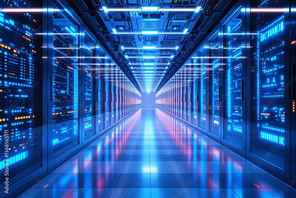 A brightly lit futuristic data center hallway featuring glowing server racks, reflective flooring, and vibrant blue lighting. Concept of technology. Ai generative A brightly lit futuristic data center hallway featuring glowing server racks, reflective flooring, and vibrant blue lighting. Concept of technology. Ai generative