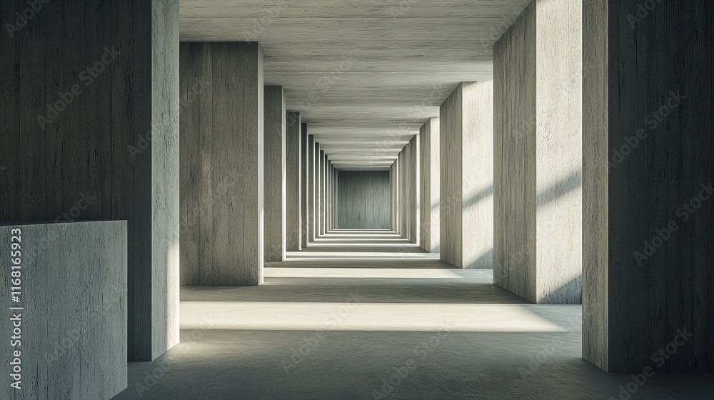 Fototapeta premium Long, minimalist concrete corridor with light streaming in.