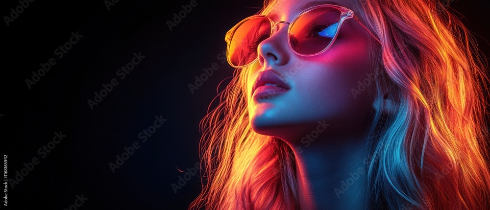 Stylish portrait of woman with sunglasses illuminated by vibrant colors Stylish portrait of woman with sunglasses illuminated by vibrant colors