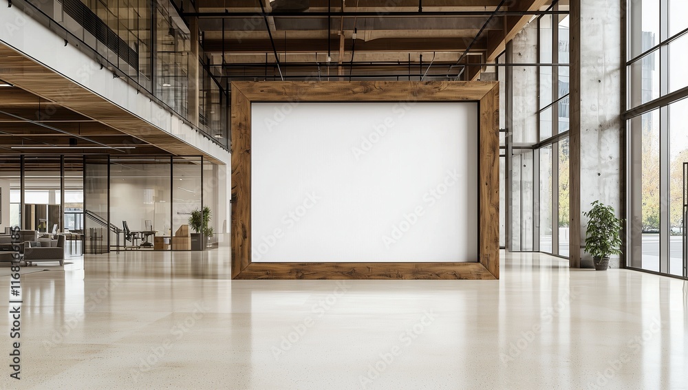 Airy office lobby with blank white canvas and terrazzo floor. Airy office lobby with blank white canvas and terrazzo floor.