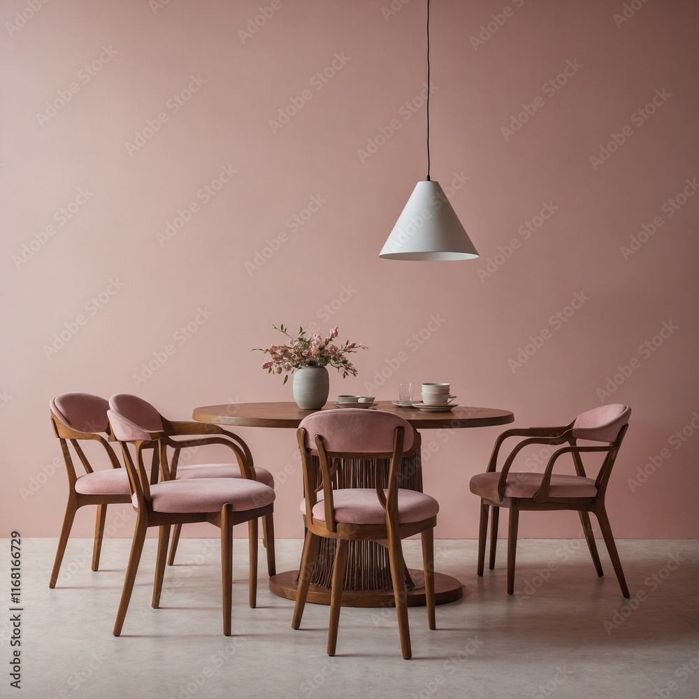 A table and chairs with a complete light pink background. A table and chairs with a complete light pink background.