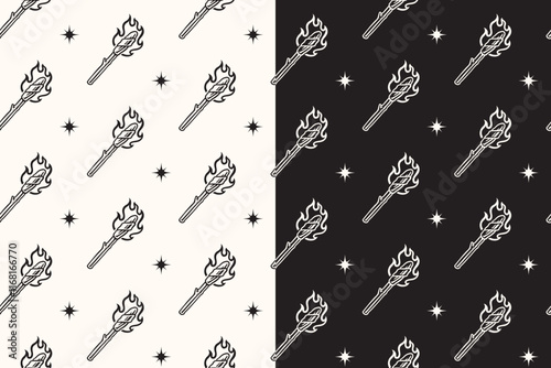 doodle torch with fire seamless pattern on black white background for camping adventure merchandise.  retro flam beau with flame pattern background. pattern of torchlight with burn vector background