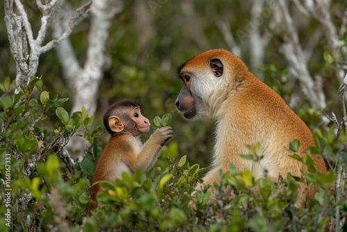 Patas monkey mother and baby interact amidst lush green foliage.