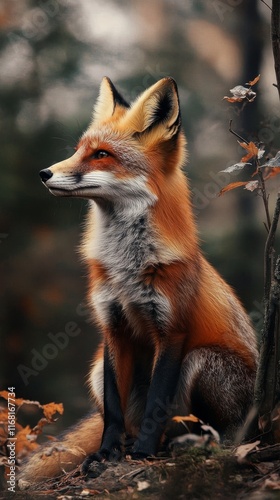 Wallpaper Mural A red fox sitting in the woods, looking towards the left, with a blurred forest background Torontodigital.ca