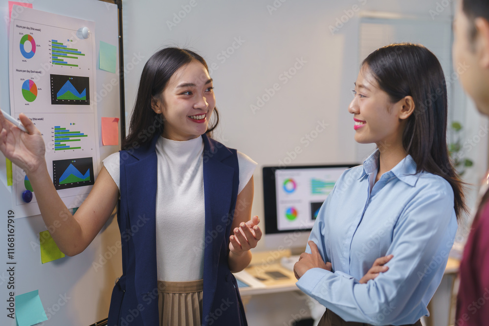 Fototapeta premium Two young asian businesswomen smiling and discussing company performance, analyzing charts and statistics on a whiteboard during a productive office meeting