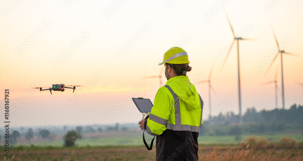 custom made wallpaper toronto digitalEngineer Specialists Pilot Drone on Wind Turbine Farm. Architectural Engineer and Safety Engineering Inspector Fly Drone at industrial plant.
