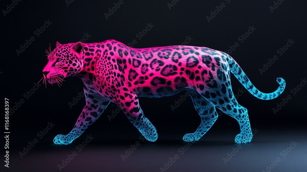 Naklejka premium Neon pink and blue jaguar walking in dark background.