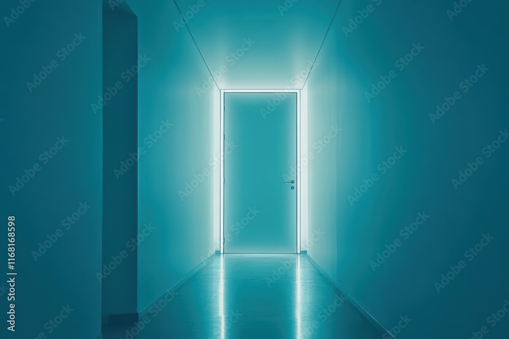 Futuristic and Minimalist Hallway with Bright Neon Blue Door Light Creating a Modern Ambiance in a Contemporary Interior Space Futuristic and Minimalist Hallway with Bright Neon Blue Door Light Creating a Modern Ambiance in a Contemporary Interior Space