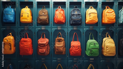 Colorful School Lockers and Backpack in Hallway 8K Realistic

 photo