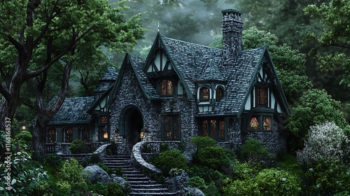 Enchanted Stone Cottage nestled in a Misty Forest at Dawn AI Generated photo